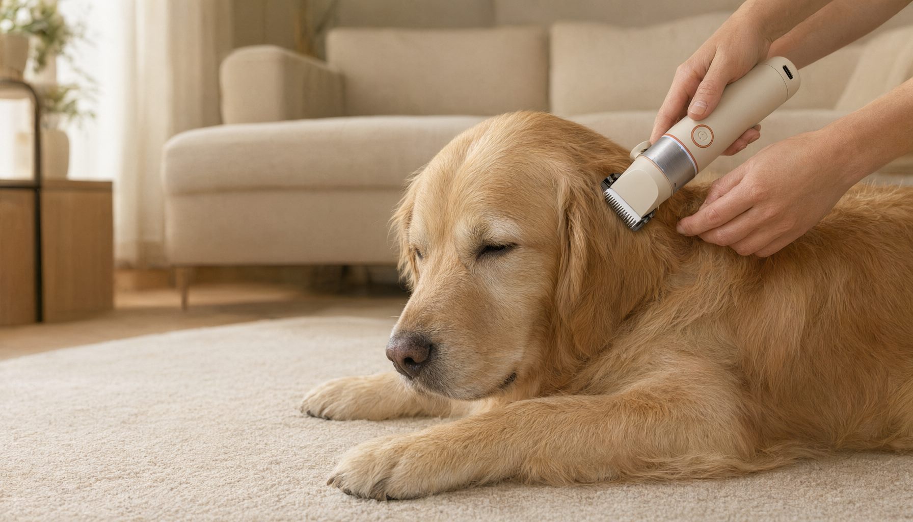 A golden retriever being trimmed at home with the Marrona Glide P1 clipper