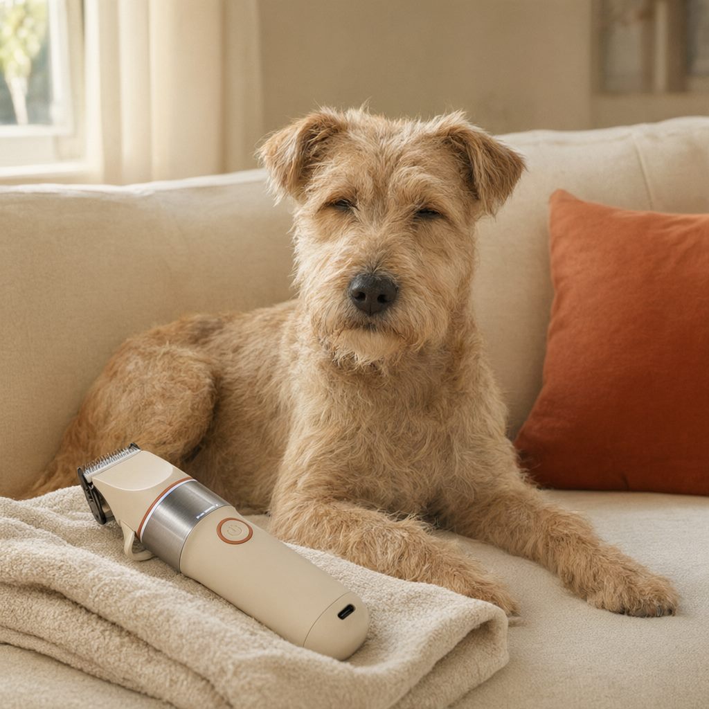 A freshly trimmed dog resting on a sofa